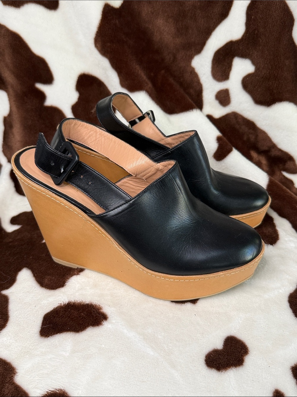 Robert Clergerie Black Leather Wedge Slingback with Tan Platform